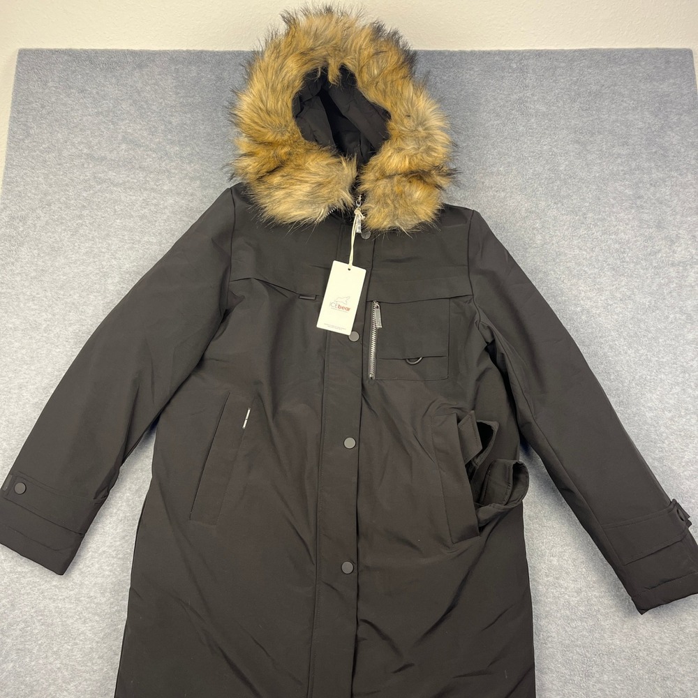 Icebear Parka Jacket Women XL Black Faux Fur Hood Belted Long Puffer Winter Coat